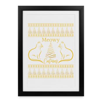 Meowy Catmas Noël Amoureux des Chats Ambiance Noël - Affiche encadrée (27 × 37 cm) - noir - Devant