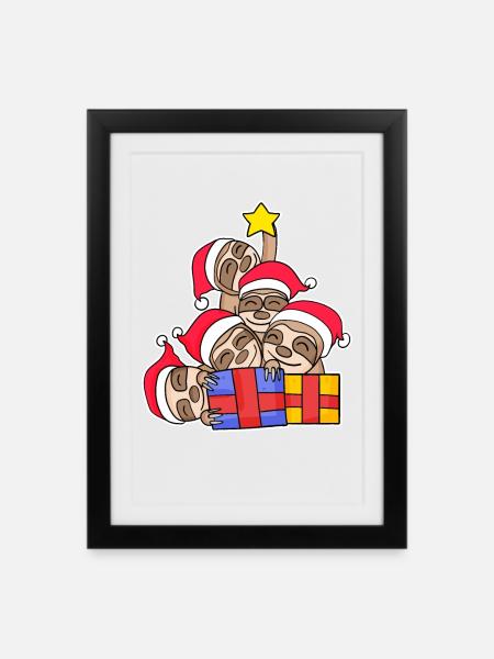 Faultier Faultiere Weihnachtsbaum Weihnachten - Gerahmtes Poster (27 × 37 cm) - Schwarz