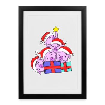 Cochon Cochons Arbre de Noël Noël - Affiche encadrée (27 × 37 cm) - noir - Devant