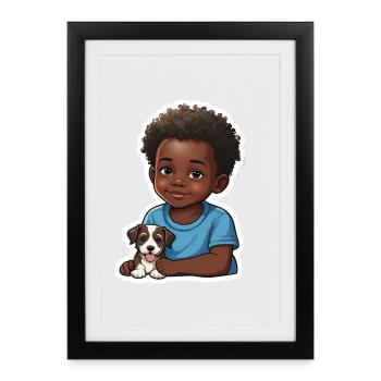 Cute Kid with Dog Illustration - Framed poster (27 × 37 cm) - black - Front