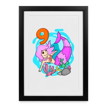 Fille - 9e anniversaire sirène - fille - Affiche encadrée (27 × 37 cm) - noir - Devant