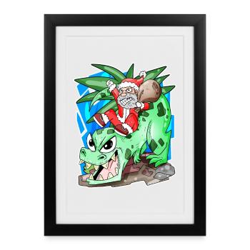 Père Noël sur Dino - Affiche encadrée (27 × 37 cm) - noir - Devant