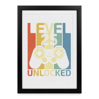 Niveau 25 Débloqué Funny Video Gamer 25Th Birthday - Affiche encadrée (27 × 37 cm) - noir - Devant