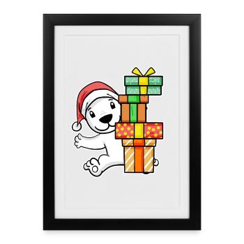 Ours polaire avec bonnet de Père Noël et cadeau de Noël - Affiche encadrée (27 × 37 cm) - noir - Devant