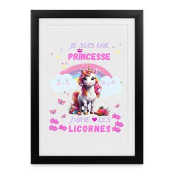 Je suis une princesse j'aime les licornes - Affiche encadrée (27 × 37 cm) - noir - Devant