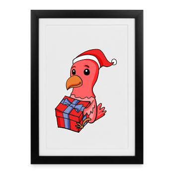 Poulet avec bonnet de Père Noël et cadeau de Noël - Affiche encadrée (27 × 37 cm) - noir - Devant