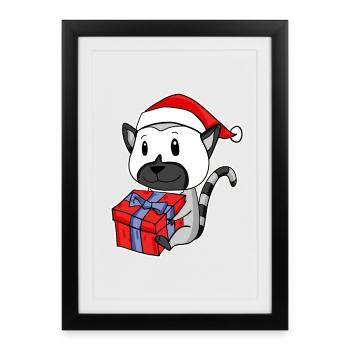 Lémurien avec le chapeau de Père Noël - Affiche encadrée (27 × 37 cm) - noir - Devant