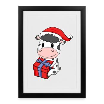 Vache avec chapeau de Noël Noël - Affiche encadrée (27 × 37 cm) - noir - Devant