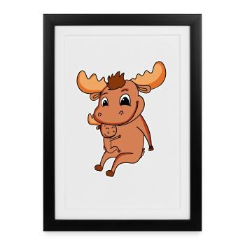 Moose Family - Moose with Baby - Framed poster (27 × 37 cm) - black - Front