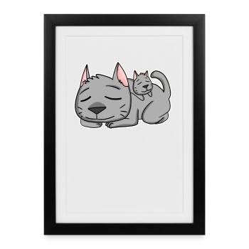 Famille Chat - Chat avec bébé - Parent isolé - Affiche encadrée (27 × 37 cm) - noir - Devant