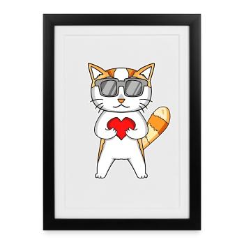 Katze mit Herz und Brille - Katze Motiv Liebe - Gerahmtes Poster (27 × 37 cm) - Schwarz - Vorne
