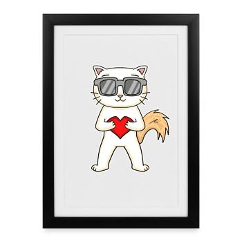 Chat avec coeur et lunettes - Angora turc - Affiche encadrée (27 × 37 cm) - noir - Devant