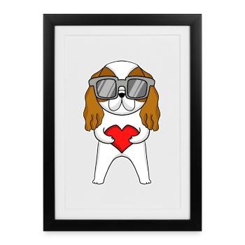 Chien avec coeur et lunettes - Cavalier King Charles - Affiche encadrée (27 × 37 cm) - noir - Devant