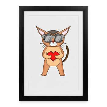Chat avec coeur et lunettes - Motif chat Chausie - Affiche encadrée (27 × 37 cm) - noir - Devant