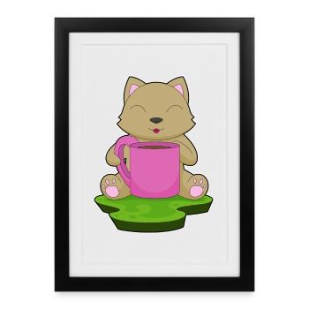 Katze Kaffee Becher - Gerahmtes Poster (27 × 37 cm) - Schwarz - Vorne