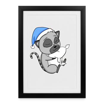 Lémurien avec oreiller et bonnet somnolent - Affiche encadrée (27 × 37 cm) - noir - Devant