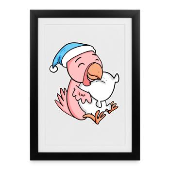 poulet avec oreiller et bonnet somnolent - Affiche encadrée (27 × 37 cm) - noir - Devant