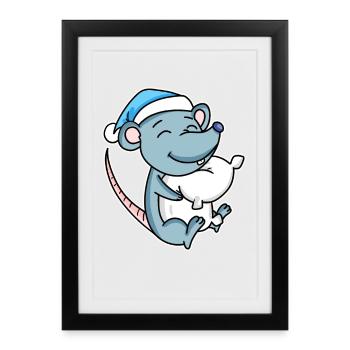 Souris avec oreiller et bonnet somnolent - Affiche encadrée (27 × 37 cm) - noir - Devant