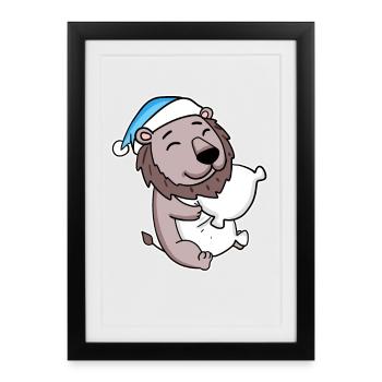 Lion avec oreiller et bonnet somnolent - Affiche encadrée (27 × 37 cm) - noir - Devant