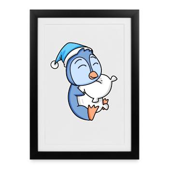Pingouin avec oreiller et bonnet somnolent - Affiche encadrée (27 × 37 cm) - noir - Devant