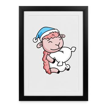 Mouton avec oreiller et bonnet somnolent - Affiche encadrée (27 × 37 cm) - noir - Devant