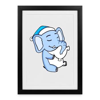 Éléphant avec oreiller et bonnet somnolent - Affiche encadrée (27 × 37 cm) - noir - Devant