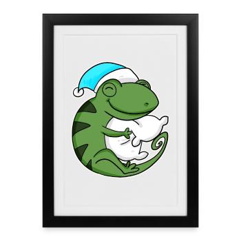 Caméléon avec oreiller et bonnet de sommeil - Affiche encadrée (27 × 37 cm) - noir - Devant