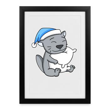 Sleeping Tired - Cat with Pillow and Sleepy Cap - Framed poster (27 × 37 cm) - black - Front