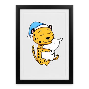 Guépard avec oreiller et bonnet de nuit - Affiche encadrée (27 × 37 cm) - noir - Devant