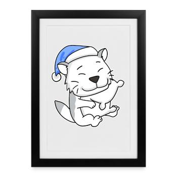 Dormir fatigué - Chat avec oreiller et bonnet somnolent - Affiche encadrée (27 × 37 cm) - noir - Devant