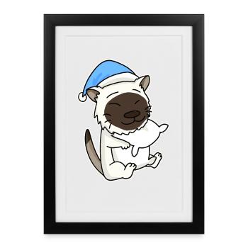 Sleeping Tired - Cat with Pillow and Sleepy Cap - Framed poster (27 × 37 cm) - black - Front