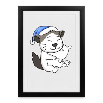 Sleeping Tired - Cat with Pillow and Sleepy Cap - Framed poster (27 × 37 cm) - black - Front