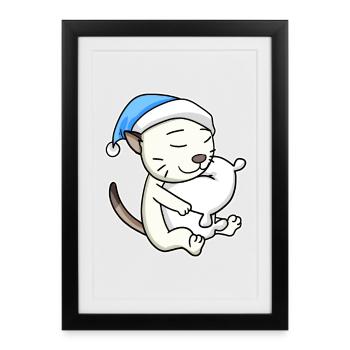 Sleeping Tired - Cat with Pillow and Sleepy Cap - Framed poster (27 × 37 cm) - black - Front