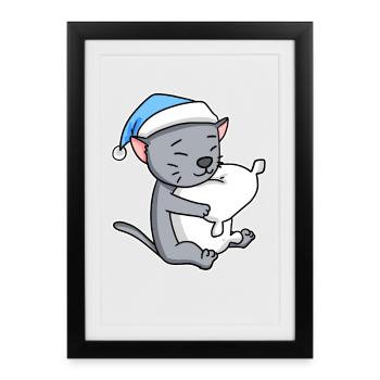 Sleeping Tired - Cat with Pillow and Sleepy Cap - Framed poster (27 × 37 cm) - black - Front