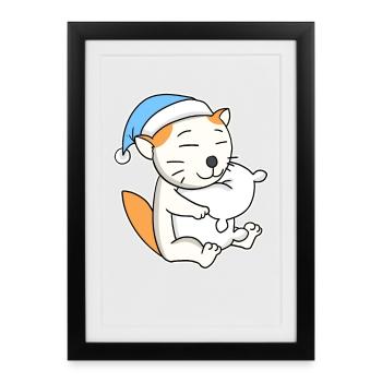 Dormir fatigué - Chat avec oreiller et bonnet somnolent - Affiche encadrée (27 × 37 cm) - noir - Devant