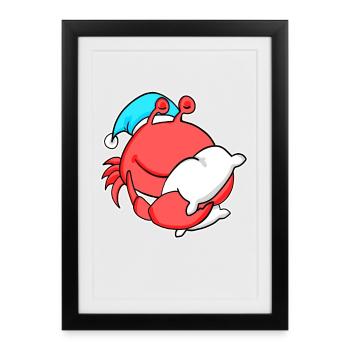 Crabe avec oreiller et bonnet somnolent - Affiche encadrée (27 × 37 cm) - noir - Devant