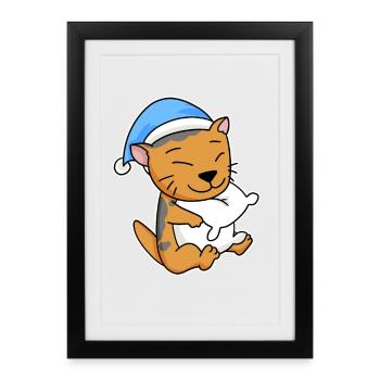 Sleeping Tired - Cat with Pillow and Sleepy Cap - Framed poster (27 × 37 cm) - black - Front