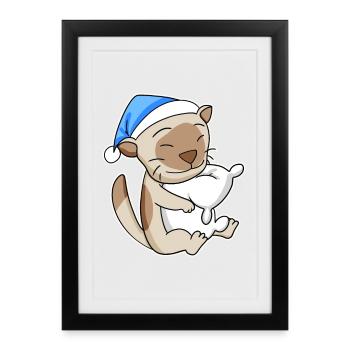 Sleeping Tired - Cat with Pillow and Sleepy Cap - Framed poster (27 × 37 cm) - black - Front