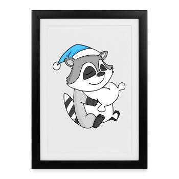 Raccoon with pillow and sleepy cap - Framed poster (27 × 37 cm) - black - Front