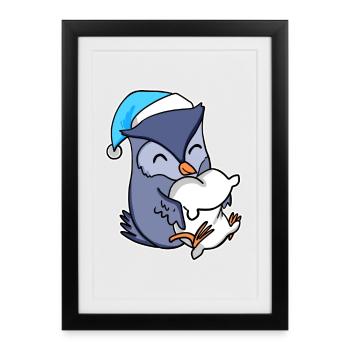 Hibou avec oreiller et bonnet somnolent - Affiche encadrée (27 × 37 cm) - noir - Devant