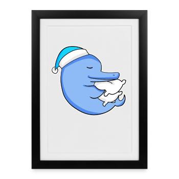 Dauphin avec oreiller et bonnet de nuit - Affiche encadrée (27 × 37 cm) - noir - Devant