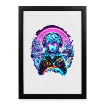 Casque Gamer Anime Synthwave Art - Affiche encadrée (27 × 37 cm) - noir - Devant