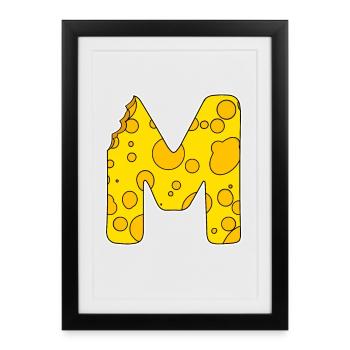Lettre M - Lettre initiale M - Motif fromage - Affiche encadrée (27 × 37 cm) - noir - Devant
