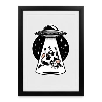 OVNI Kidnapping Vache Drôle Dessin animé - Affiche encadrée (27 × 37 cm) - noir - Devant