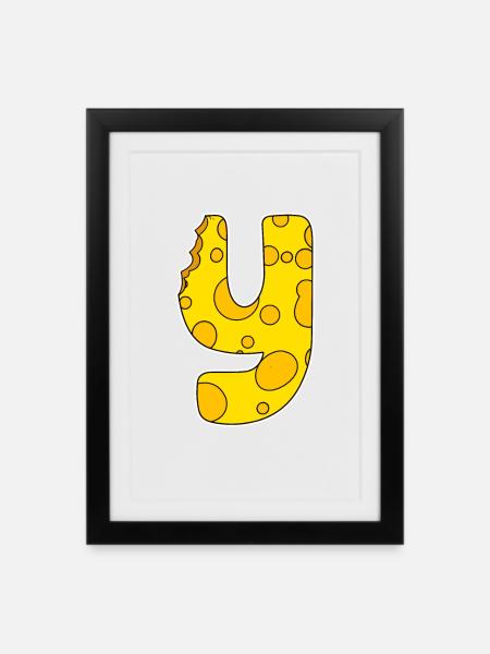 Buchstabe Y - Anfangsbuchstabe Y - Käse Motiv - Gerahmtes Poster (27 × 37 cm) - Schwarz