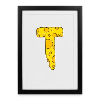 Lettre T - Lettre initiale T - Motif Fromage - Affiche encadrée (27 × 37 cm) - noir - Devant