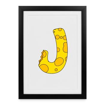 Lettre J - Lettre initiale J - Motif Fromage - Affiche encadrée (27 × 37 cm) - noir - Devant