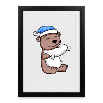 Ours avec oreiller et bonnet de couchage - Affiche encadrée (27 × 37 cm) - noir - Devant