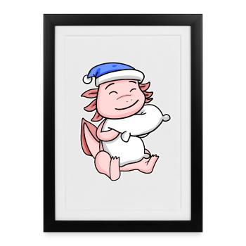 Axolotl avec oreiller et bonnet endormi - Affiche encadrée (27 × 37 cm) - noir - Devant