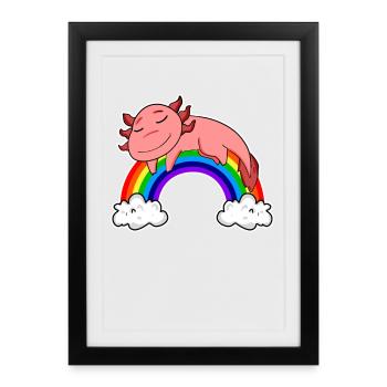 Axolotl Motiv Kinder Regenbogen Schlafen - Gerahmtes Poster (27 × 37 cm) - Schwarz - Vorne